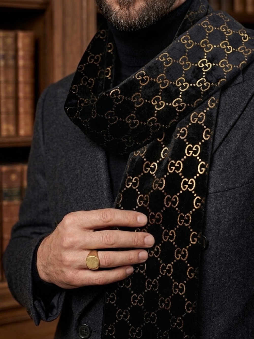 Unisex Gucci Black Velvet GG Monogram Scarf with Subtle Logo